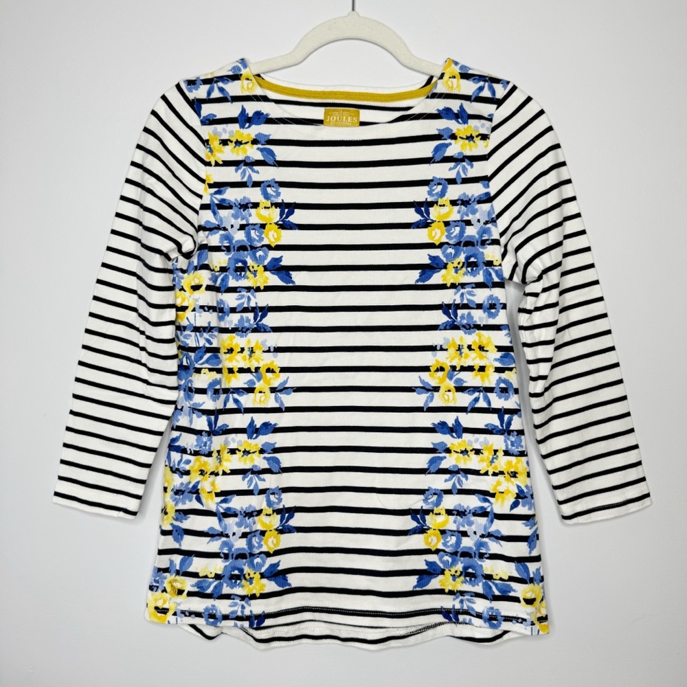 Joules Navy Stripe Harbour 3/4 Sleeve Jersey Top Floral Blue Yellow US 6 (S/M)